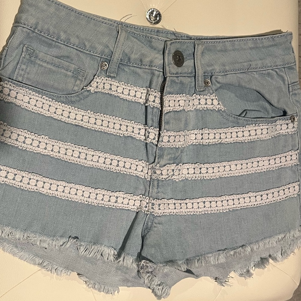 Light Blue Denim Shorts with Lace Detailing
